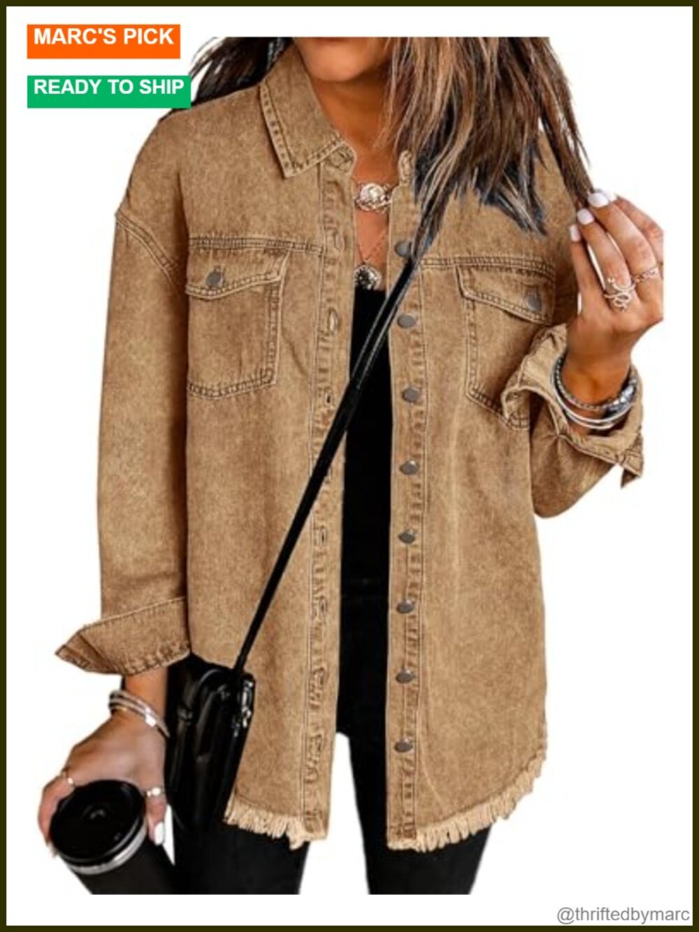 Button Up Long Sleeve Oversized Frayed Hem Denim Shacket Jean Jacket